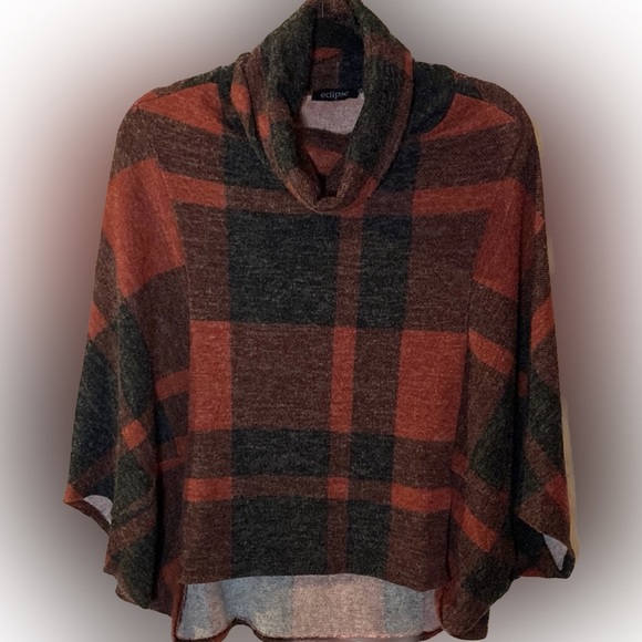 ❤️🔥5/20$❤️🔥ECLIPSE 💫 Womens Plaid Red Sweater Poncho - Picture 2 of 8